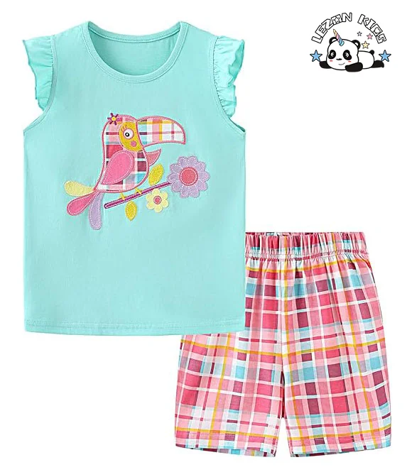 LEZONKIDS - Conjunto de Roupas de Verão para Crianças de 2 Peças: Camiseta sem Manga com Estampa e Shorts para Meninas com Logotipo Personalizado